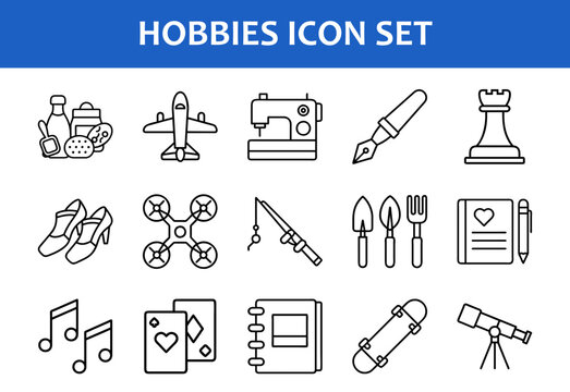 Outline Icon Set Representing Various Hobbies, A collection of minimalist line icons illustrating different hobbies and activities like music, gardening, travel, and crafting.