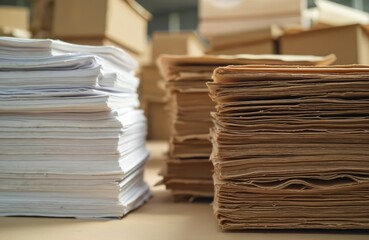 Fototapeta premium Stacks of kraft brown, white paper sheets. Paper piles with visible textures. Paper sheets arranged, office, work, document concept. Brown cardboard boxes in background. Printing, business, delivery