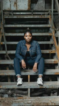 Woman in denim jacket sitting on rusty stairs with neutral expression in an abandoned setting