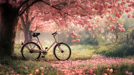 Obraz premium A pink bicycle rests under a blossoming tree on a spring day