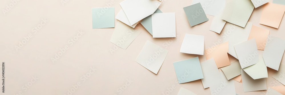 Poster torn note paper stickers scattered across a neutral desk background, creating a modern stationery-in