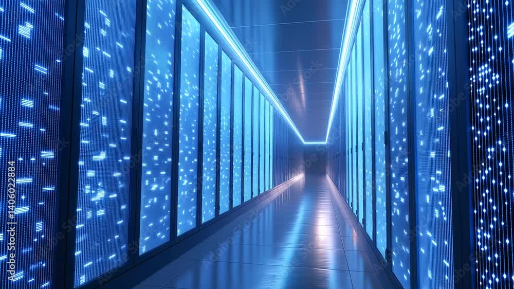 Poster sleek futuristic data center corridor lined with advanced servers and cutting-edge technology.