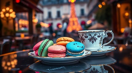 Assorted Macarons on an Elegant Plate with Tea &ndash; Parisian Caf&eacute; Vibes