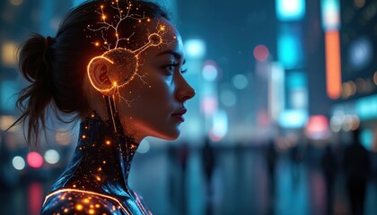 Futuristic woman with AI integration cyborg technology. Cybernetic enhancements neural network glowing in profile. Modern tech, innovation future, biology, biotechnology, science fiction, intelligent