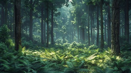 Obraz premium Dense temperate forest layered foliage diffuse light creating natural gradients among massive trunks and ferns a rich detailed organic scene