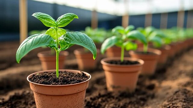 Young plants in terracotta pots growing in a greenhouse with sunlight filtering through