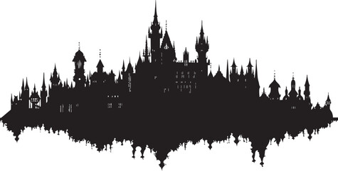 A detailed silhouette of a fantasy castle skyline featuring gothic and medieval architecture.