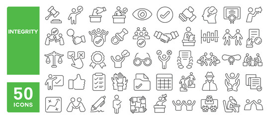 Set of 50 line icons related to integrity, ethics, commitment, true, trust, value, responsibility, quality, reliability, Editable stroke. Vector illustration
