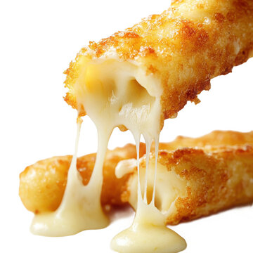 Mozzarella sticks with cheese pull on transparent background