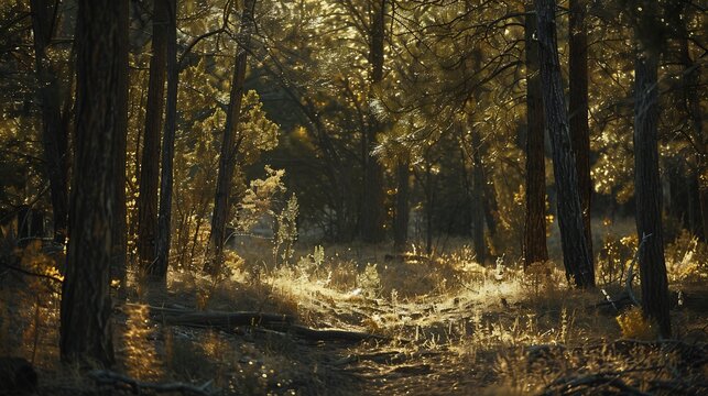 Dense cedar forest deep shadows and sunlit clearings showing rugged bark textures and layered undergrowth in a peaceful timeless natural backdrop