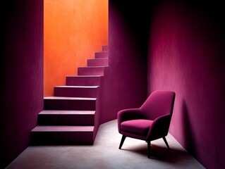 Purple and red minimal architectural interior with single chair against stair wall composition emphasizing solitude geometric form and expressive modernism