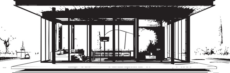 Naklejka premium A minimalist architectural sketch of a modern house showcasing glass and open space design.