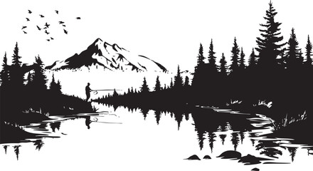 A serene silhouette of a fisherman by a tranquil lake surrounded by mountains and trees.