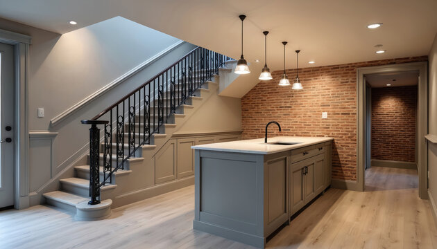 Beautifully renovated basement interior. Stylish staircase, white countertop, kitchen island. Open layout creates spacious atmosphere with brick wall texture, elegant lighting and wooden floor.
