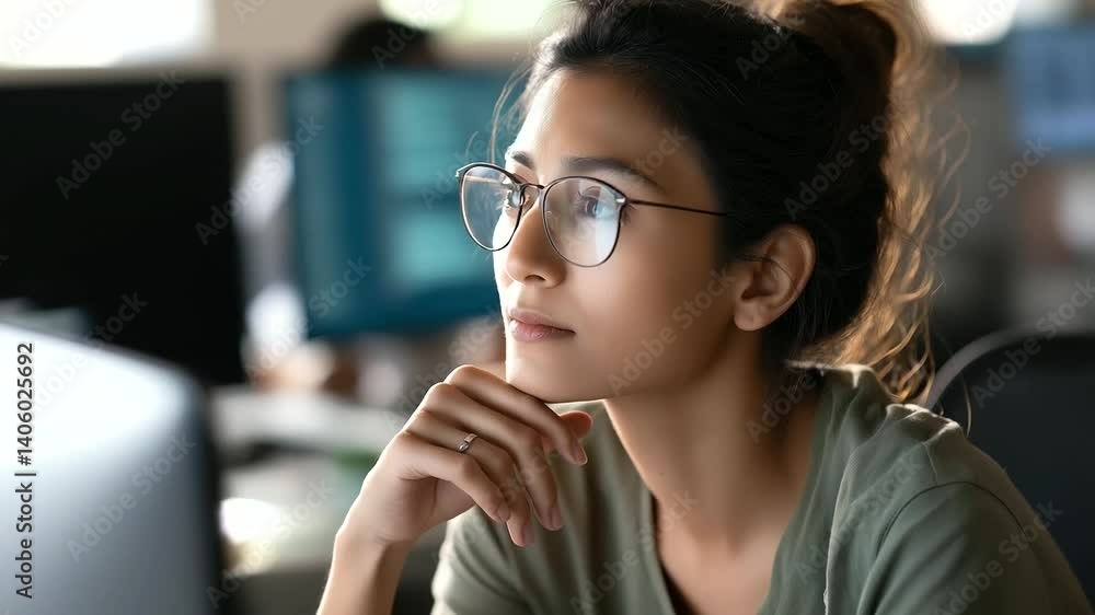 Poster a skilled indian female programmer working in a multicultural office setting.