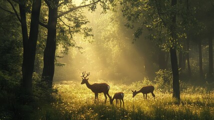 Three deer stand in a sunlit forest clearing surrounded by trees