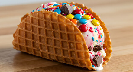 Ice Cream Taco with Waffle Shell and Colorful Sprinkles Delight