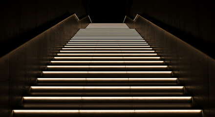 Fototapeta premium Illuminated staircase leading upwards, warmly lit against a dark backdrop, creating a path of light and shadow.