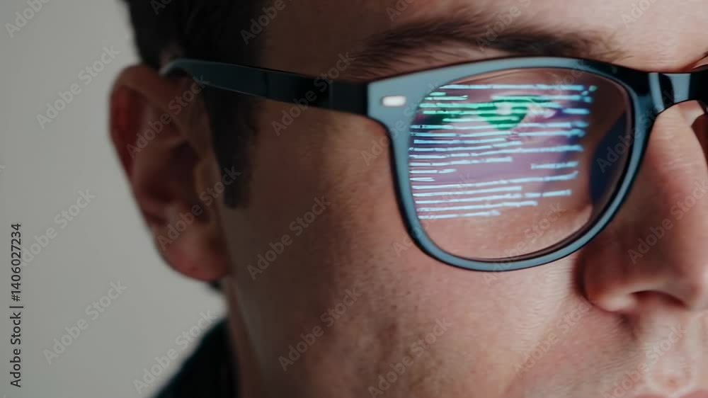 Aufkleber Concentrated software engineer focusing on innovative tech project, computer code reflecting in glasses while analyzing complex digital solution in modern professional workspace
