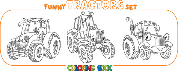 Funny vector tractors with eyes. Coloring book set