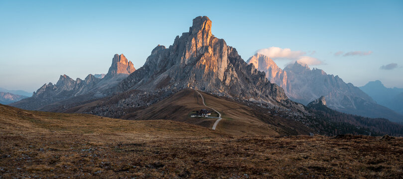 First light on Ra Gusela at Passo Giau, Dolomites, Italy