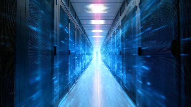 High-tech data center corridor lined with servers and supercomputers for optimal internet connectivity.