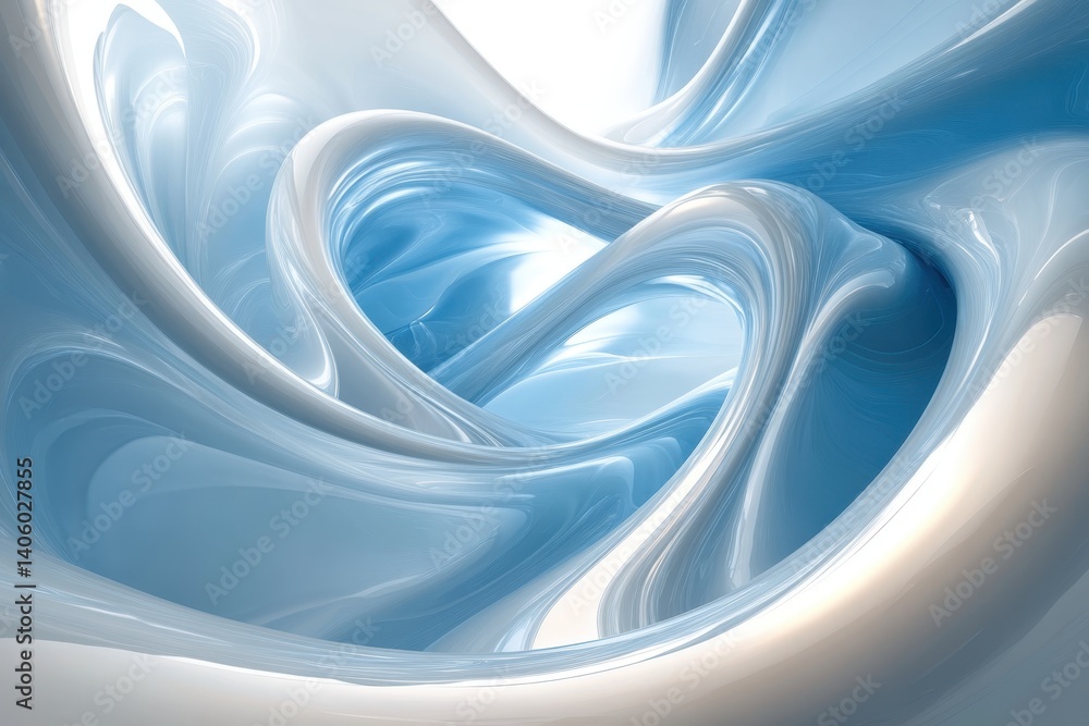 Poster abstract blue and white swirls creating a dynamic visual flow in a serene environment