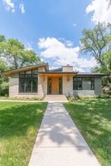 Fototapeta premium Modern single-story house with large windows set in a green landscape on a sunny day, showcasing contemporary architecture and inviting entrance pathway