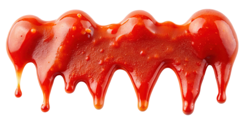 Closeup view of red tomato ketchup sauce dripping down on transparent background food photography