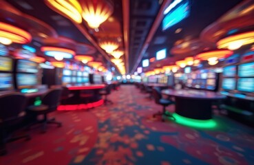 Obraz premium Blurred view of casino floor with multiple gaming tables, slot machines. Bright neon signs, vibrant ambient lighting create dynamic atmosphere. Gambling concept, Las Vegas, nightlife entertainment.