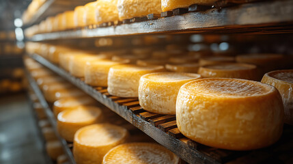 Wheels of cheese aging on wooden shelves in maturing cellar of cheese factory