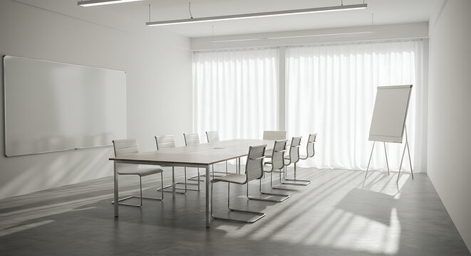 Bright conference room interior with a long table, chairs, whiteboard, and flip chart bathed in light from the window, creating a clean and professional space