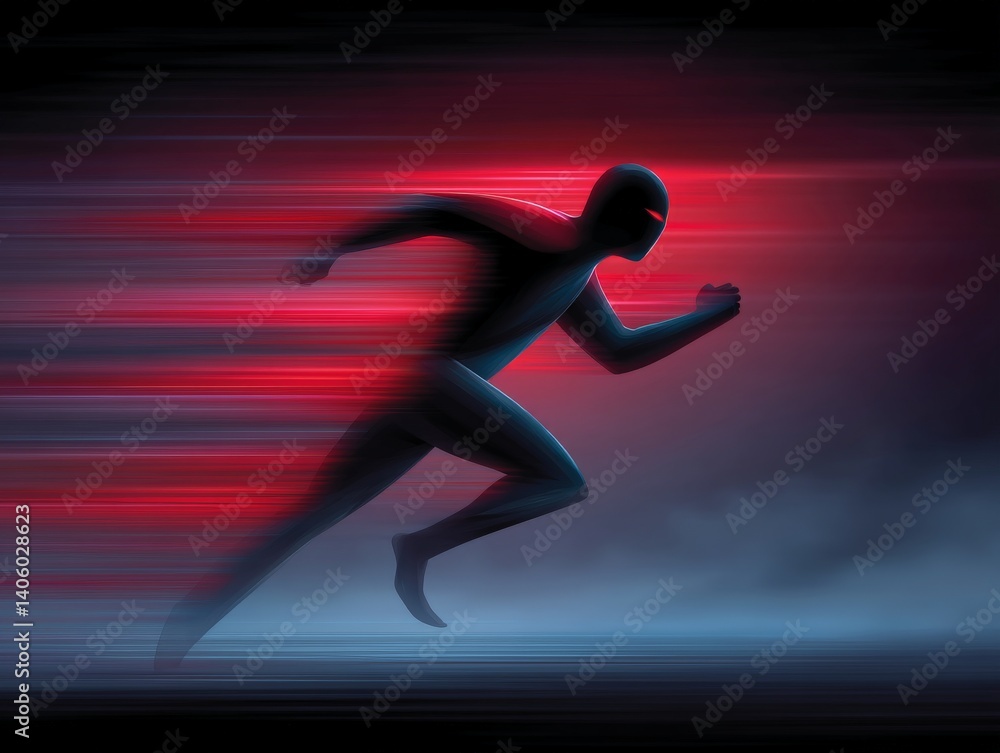 Poster artistic rendering of sprinter in mid motion with speed blur and intense gradient lighting capturing