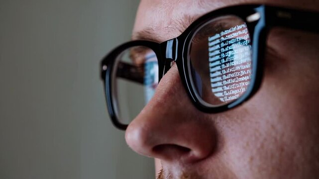 Software developer intensely focusing on computer screen, code lines reflecting in glasses during deep professional concentration
