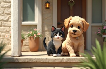 Adorable puppy and kitten sit together on house porch. Cute domestic pets friends. Funny dog and cat portrait. Happy, playful, joyful scene. Village, summer, sunny day.