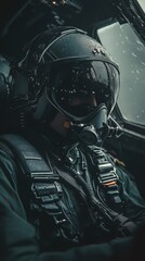 Pilot in Cockpit Wearing Helmet and Mask Preparing for Flight