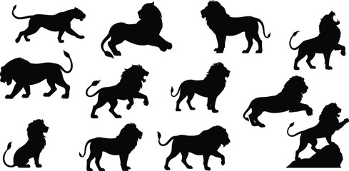 Set of Lion Silhouette Vector Illustrations – Roaring, Walking, Sitting and Pouncing Lion Poses