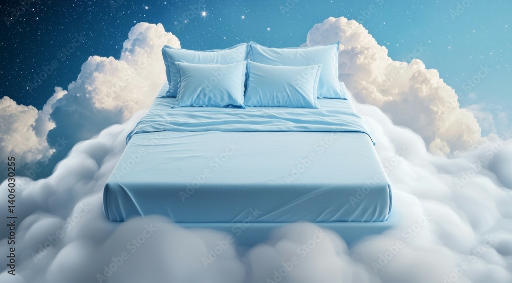 Poster bed is floating in the sky with clouds surrounding it