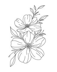 Obraz premium Black and white floral illustration with blooming flowers and leaves, hand-drawn botanical line art design for coloring books, tattoo templates, wall art, and decorations