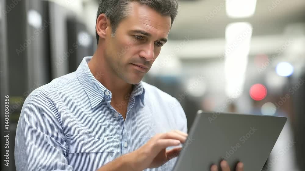 Poster it professional working on cybersecurity and cloud solutions in a high-tech server environment.