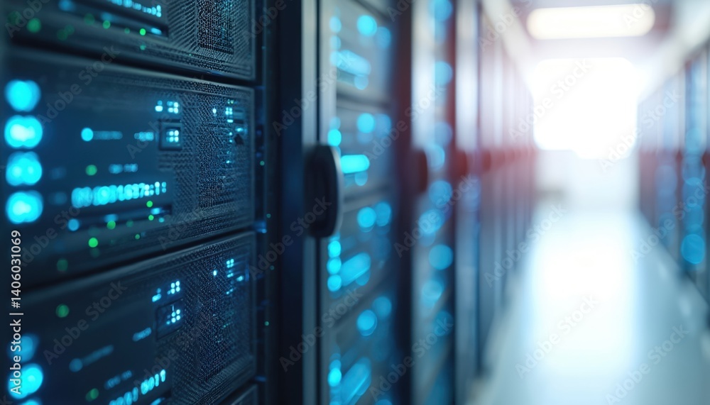 Poster data center with server racks emphasizes backup, recovery processes. cyber security ransomware preve