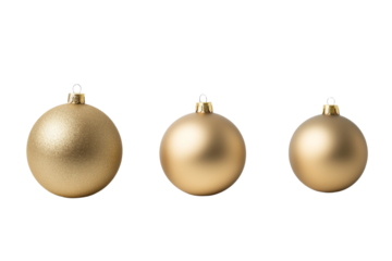 Three gold ornaments are displayed on a white background, isolated