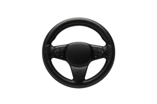 Black steering wheel with a leather cover, isolated
