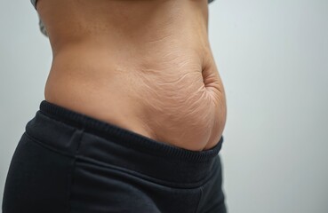 Naklejka premium Close-up of loose stretched skin on abdomen after weight loss. Female showing excess skin after slimming, weight loss. Body after dieting or surgery, skin folds. Plastic surgery, medical concept.