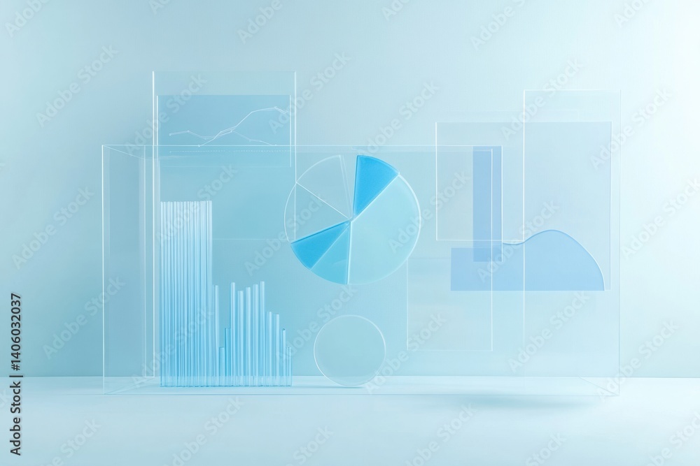 Aufkleber floating transparent bar and pie charts on a light blue background illustrate minimal business analy