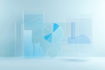 Floating transparent bar and pie charts on a light blue background illustrate minimal business analytics data in a modern design setting
