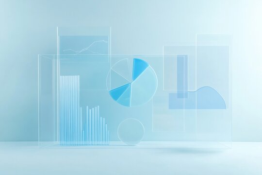 Floating transparent bar and pie charts on a light blue background illustrate minimal business analytics data in a modern design setting