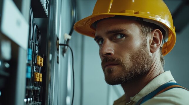 Electrician inspecting an electrical panel for faults. Featuring expertise and attention to detail