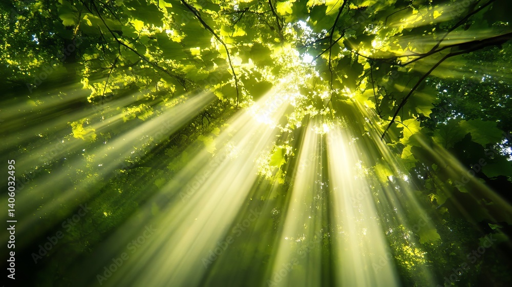 Poster sunlight streaming through green leaves of trees in a forest from a low angle perspective view