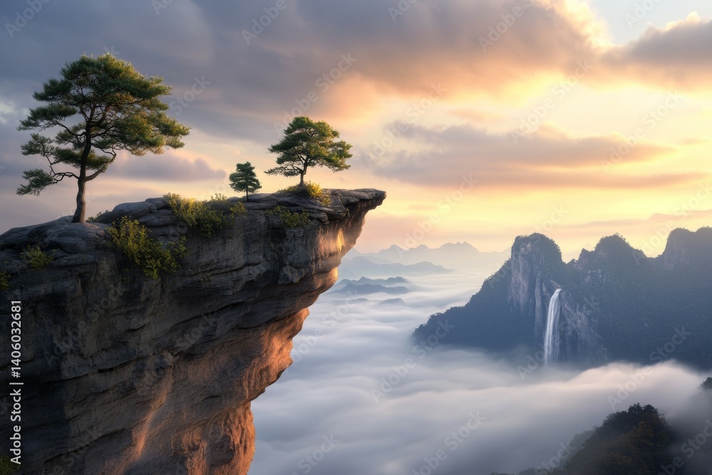Poster a mountain range with a waterfall and a cliff with three trees on it